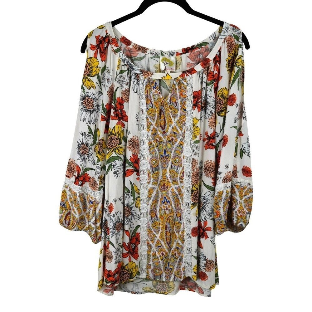 Anthropologie Fig and Flower Floral Blouse Lace Mixed Media Lace Boho Coastal L‎